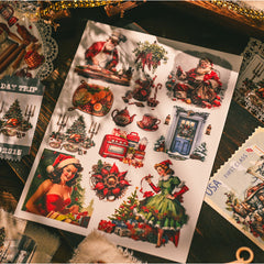 Vintage Christmas rub-on transfer stickers set β Santa Claus, Christmas trees, retro pin-up designs on 3 sheets