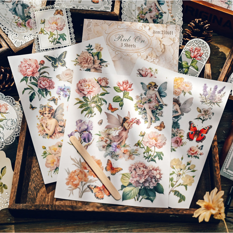 Fairy garden rub on stickers with vintage floral and butterfly designs