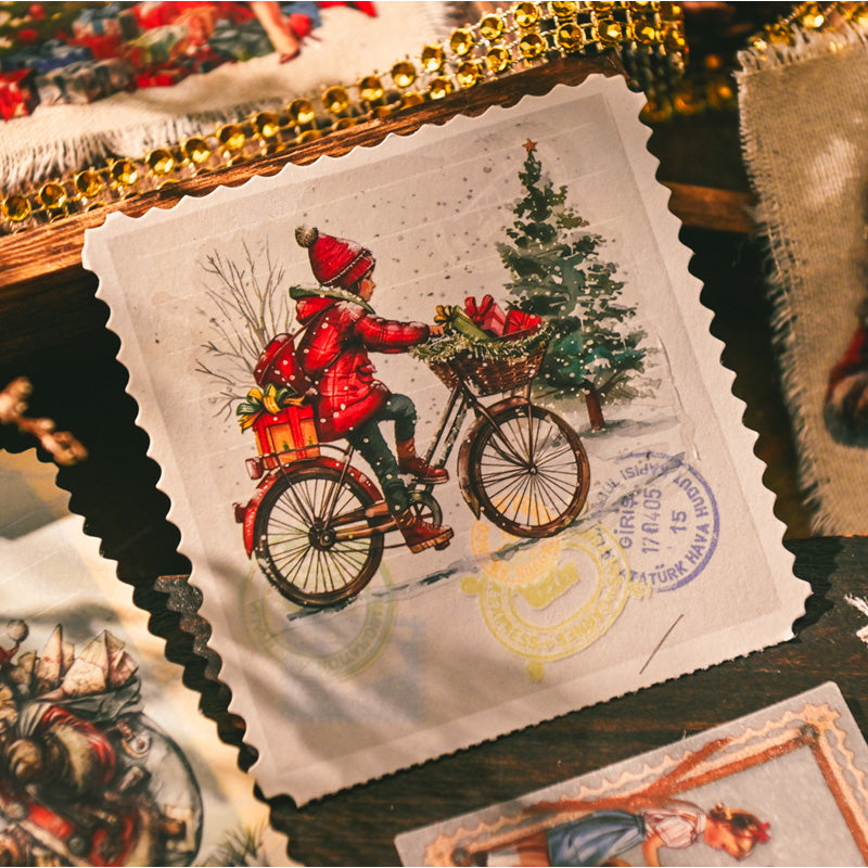 Vintage style Christmas rub-on stickers on paper – Santa, trees, gifts, and holiday decorations
