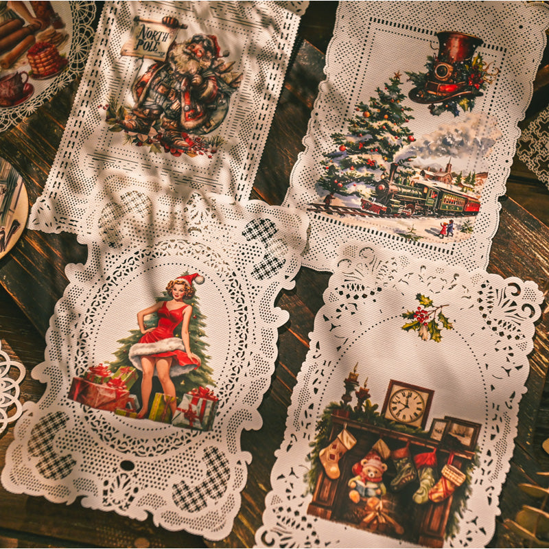 Vintage style Christmas rub-on stickers on paper – Santa, trees, gifts, and holiday decorations