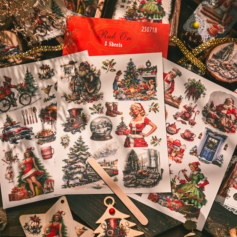 Vintage Christmas rub-on transfer stickers set – Santa Claus, Christmas trees, retro pin-up designs on 3 sheets