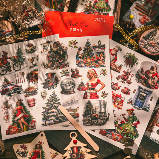 Vintage Christmas rub-on transfer stickers set – Santa Claus, Christmas trees, retro pin-up designs on 3 sheets 800