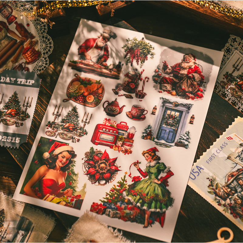 Vintage Christmas rub-on transfer stickers set – Santa Claus, Christmas trees, retro pin-up designs on 3 sheets